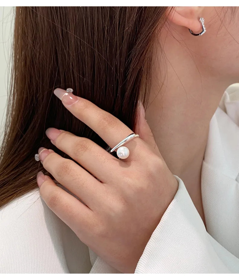 925 Sterling Silver Round Pearl Ring Wedding Adjustable Rings For Women Jewelry Wholesale Money 925