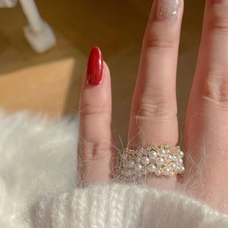 2025 New Zircon Inlaid Pearl Opening Rings Fashion Jewelry For Young Girls Wedding Party Luxury Accessories For Women‘s Rings