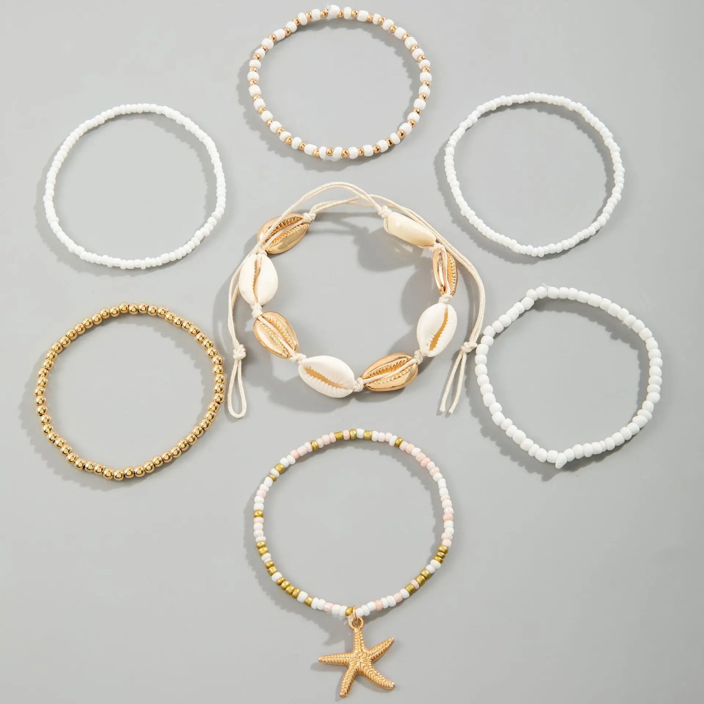 7Pcs Summer Starfish Bracelet Set For Women Bohemian Shell Rice Beads Elastic Chain Bangle Boho Beach Jewelry Accessories