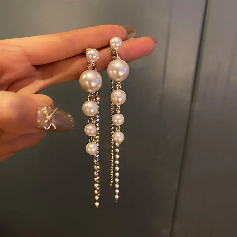 Korean Exquisite Imitation Pearl Tassel Drop Earring For Women Shiny Zircon Flower Leaf Long Ear Line Geometric Earring Jewelry