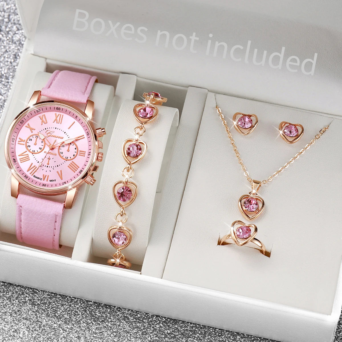 5PCS/Set Fashion Women Watch Rhinestone Heart Jewelry Set Geneva Watch Casual Leather Band Quartz Wristwatch(Without Box)