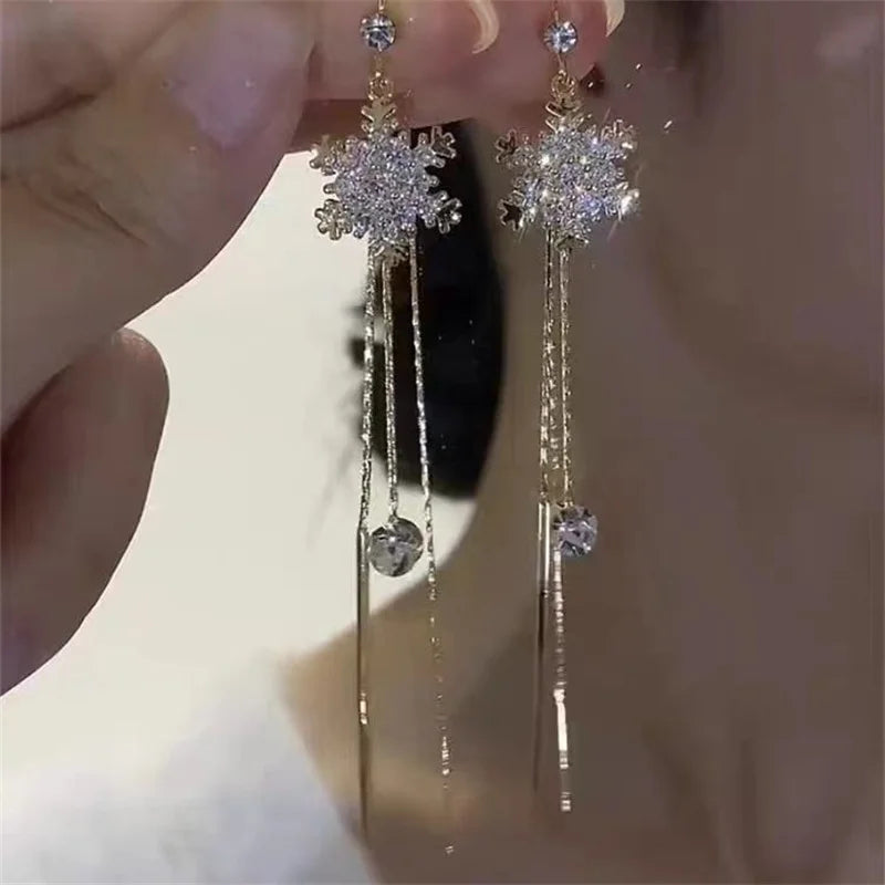 Korean Exquisite Imitation Pearl Tassel Drop Earring For Women Shiny Zircon Flower Leaf Long Ear Line Geometric Earring Jewelry