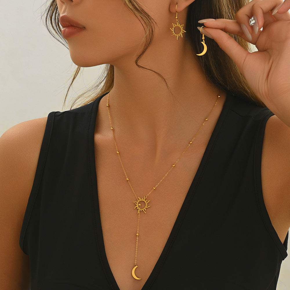 18K Gold Steel Sun And Moon Pendant Necklace And Hoop Earrings Set