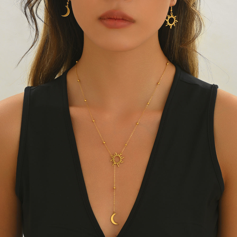 18K Gold Steel Sun And Moon Pendant Necklace And Hoop Earrings Set
