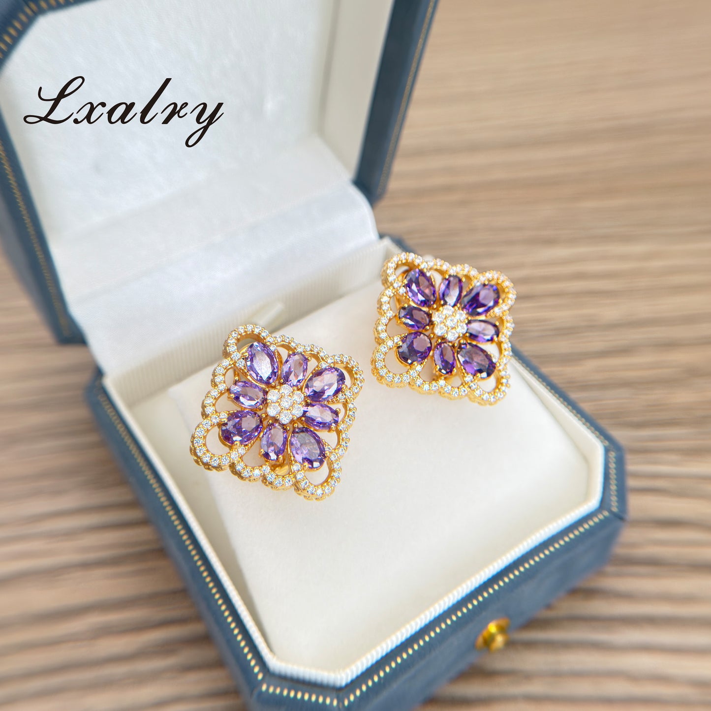 18K Gold Plated Purple Floral Ring & Earring Set