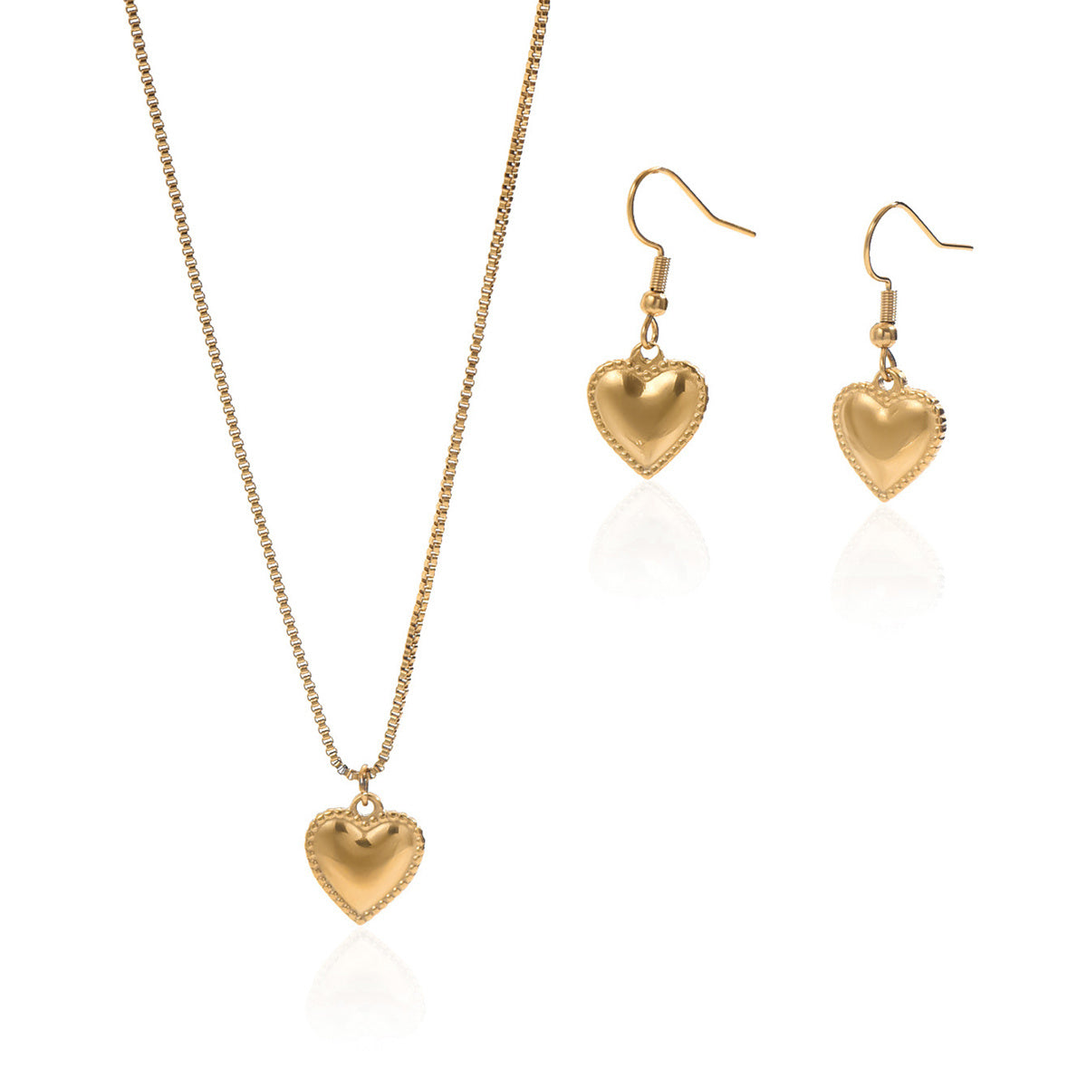 18K Gold Plated Stainless Steel Puffy Heart Pendant Necklace And Earrings Set For Women
