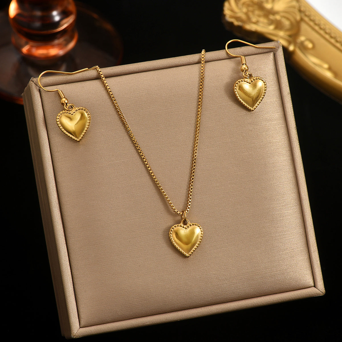 18K Gold Plated Stainless Steel Puffy Heart Pendant Necklace And Earrings Set For Women