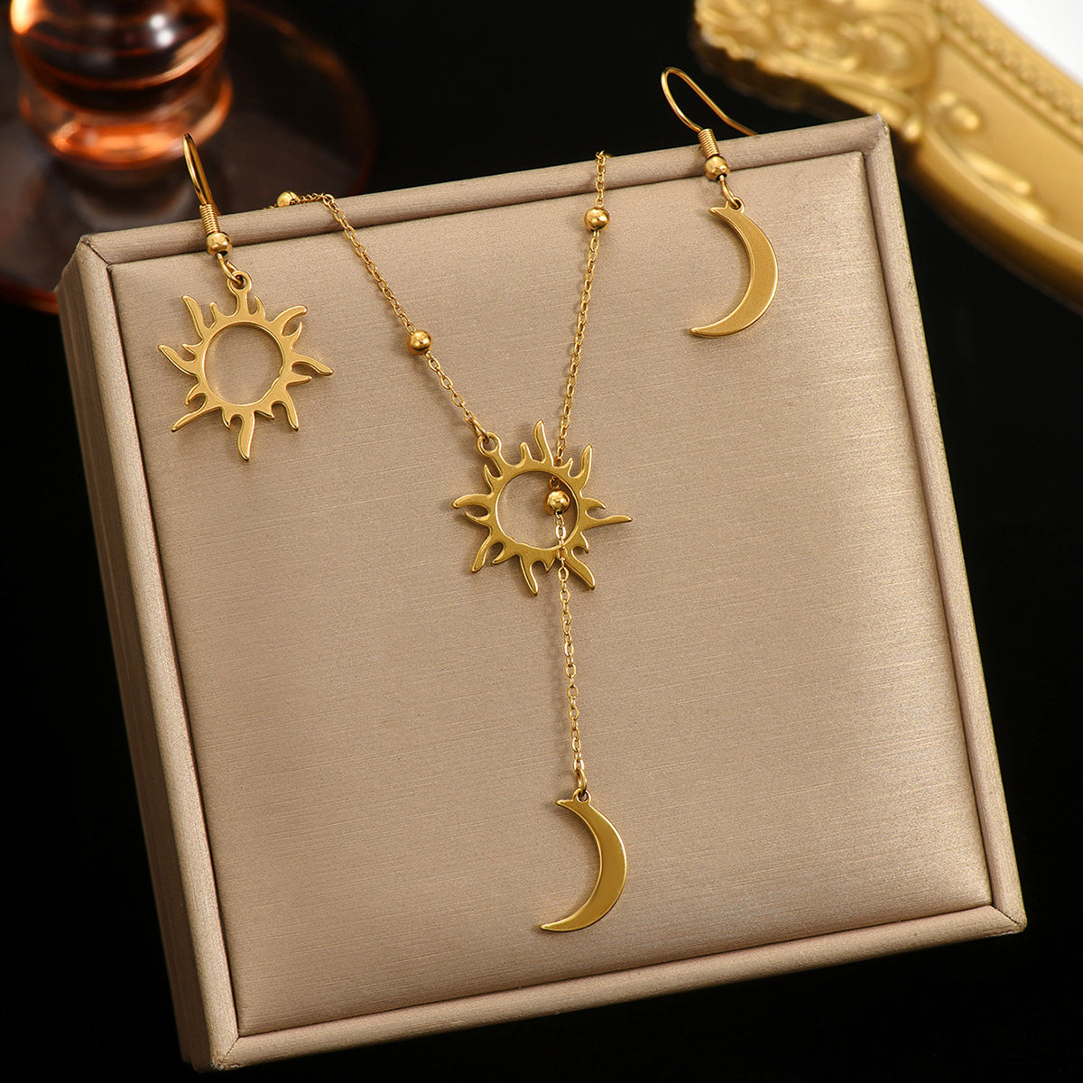 18K Gold Steel Sun And Moon Pendant Necklace And Hoop Earrings Set