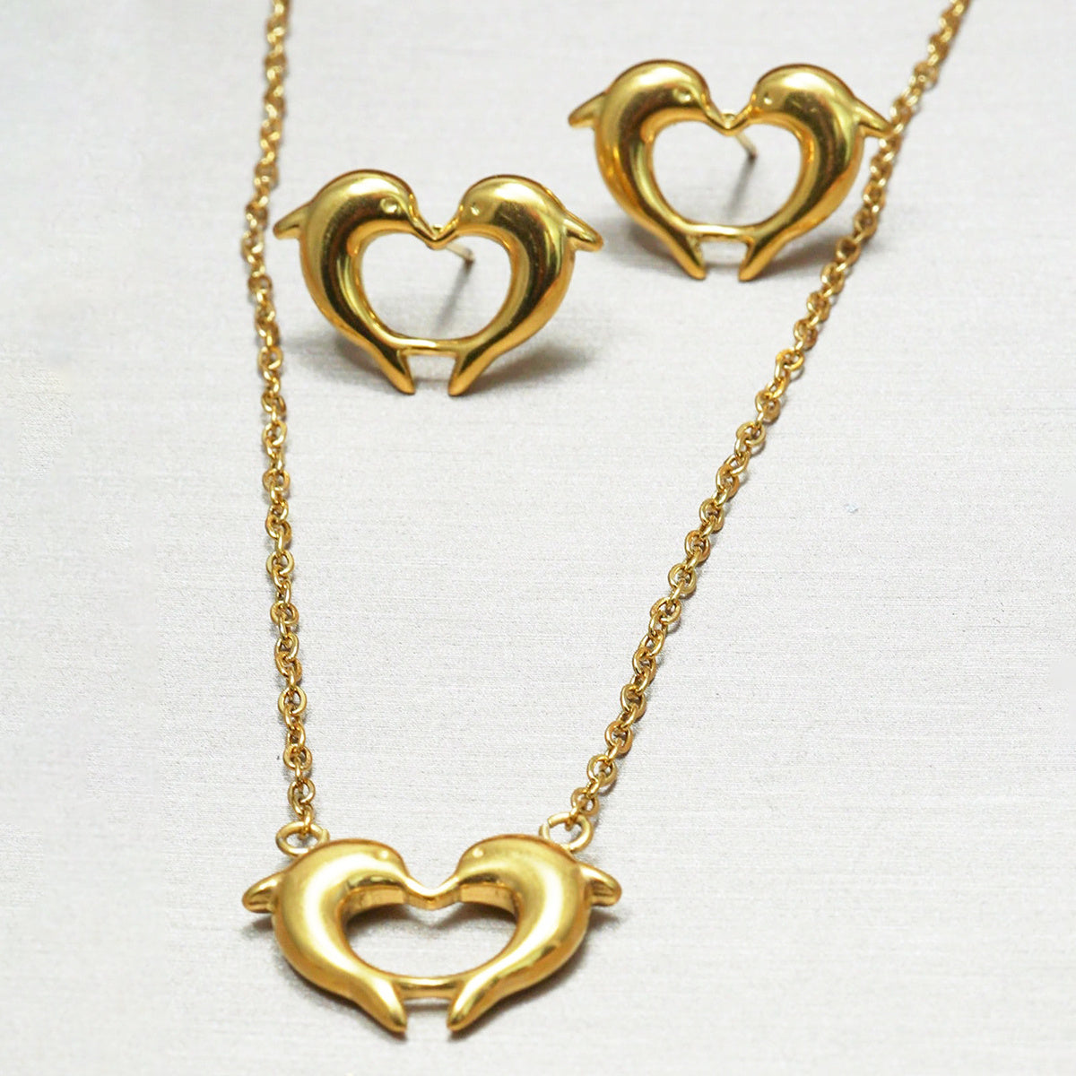 18K Gold Plated Stainless Steel Dolphin Heart Necklace & Earrings Set