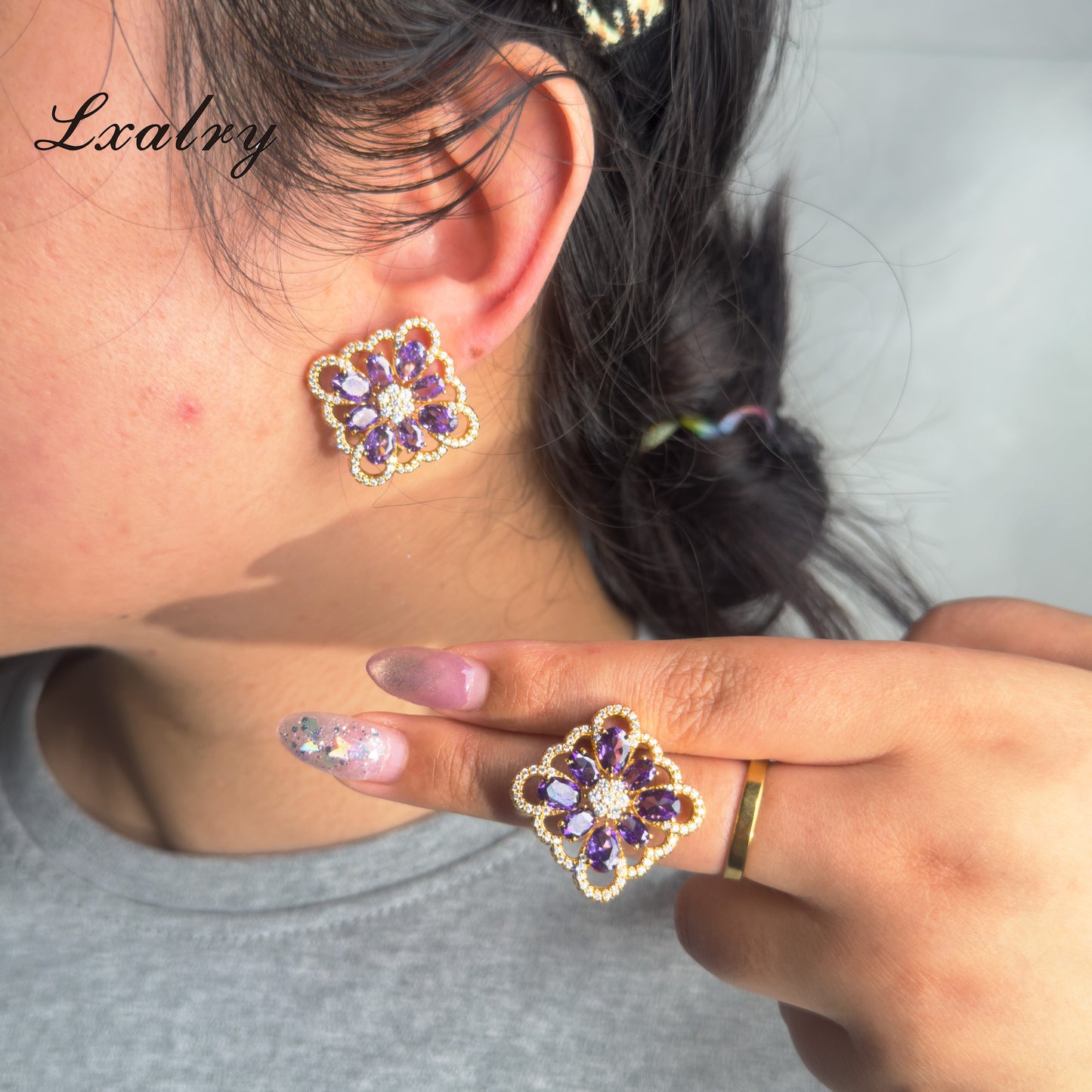18K Gold Plated Purple Floral Ring & Earring Set