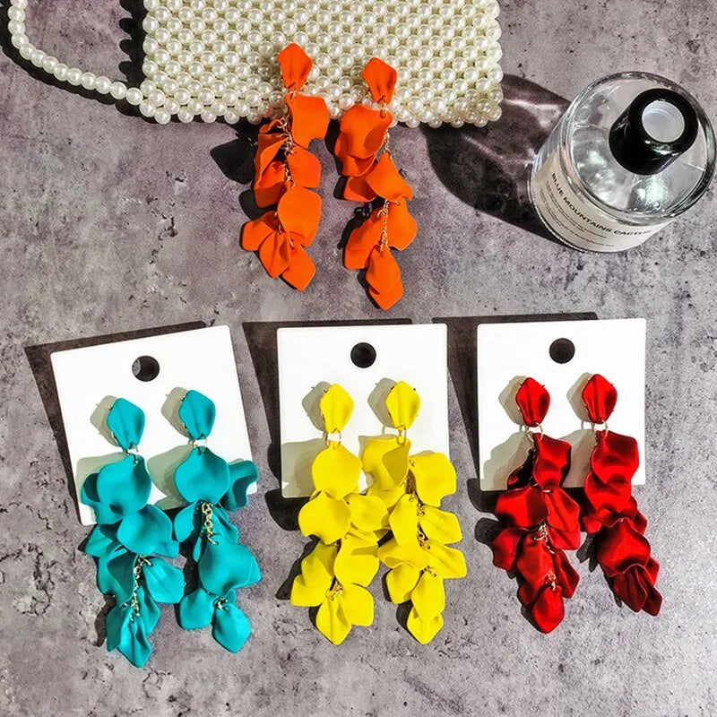 Bohemian Rose Petal Earrings Flower Red Yellow Blue Colors Flower Drop Earrings Long Tassel Earrings Party Wedding Jewelry