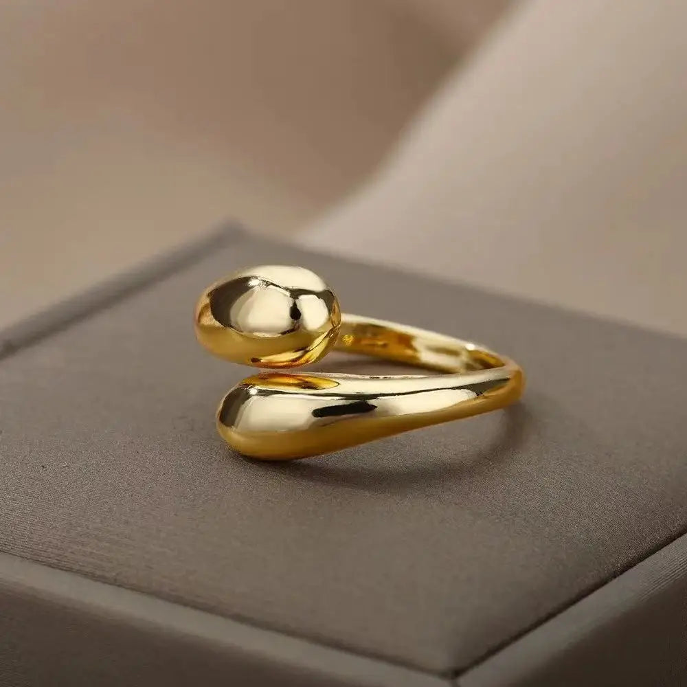 Stainless Steel Smooth Double Ball BeadsRings For Woman Open Gold ColorGeometric Wedding Couple RingsAesthetic Jewelry Gift