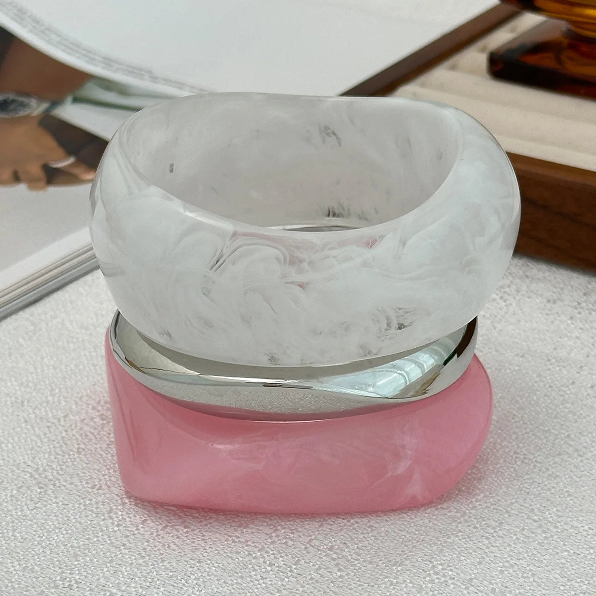 Silver Color Pink Acrylic Resin Irregular Chunky Bangles for Women Geometric Wide Hip Hop Metal Cuff Bracelet Bangle Men Jewelry