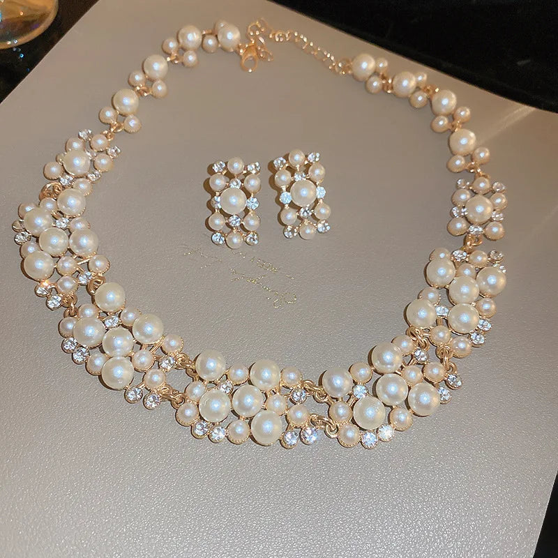 3 Pcs Rhinestone Pearl Rectangular Earrings Necklace Set Two-piece Vintage Choker Accessory Light Luxury Jewelry Sets Wedding