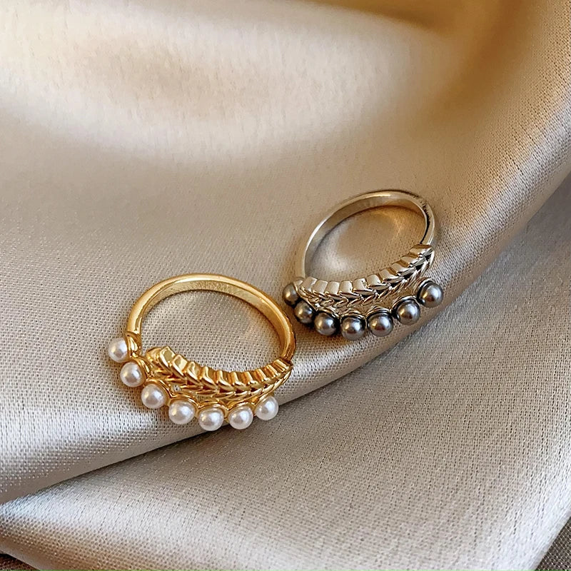 Delicate Flower Open Ring Rhinestone Imitation Pearl Rings Ladies Fashion Butterfly Design Ring Temperament Finger Rings Jewelry