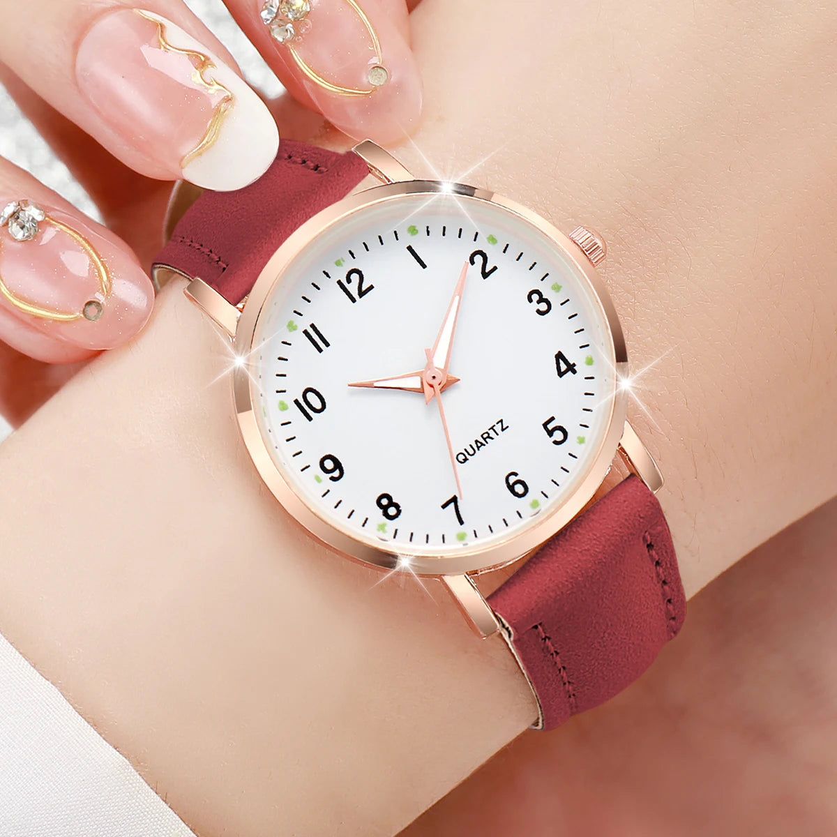 1/3/4/5PCS Fashion Arabic Dial Women Quartz Watch Casual Leather Strap Wristwatch for Girls Clock Gift（Without Box）