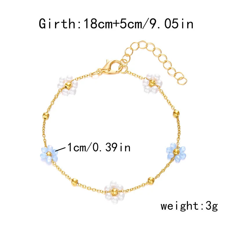 Sweet Imitation Pearl Flower Bracelet Jewelry Set for Women's Hand Neck Fashion Metal Chain Necklace Boho Accessories Gifts