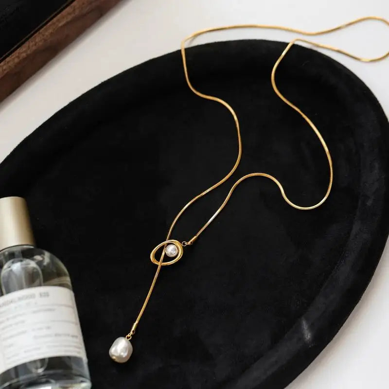 Stainless steel Pull-out Adjustable Chain Baroque Pearl Pendant Long Necklace For Womens Fashion Sweater Chain 2024 New Jewelry