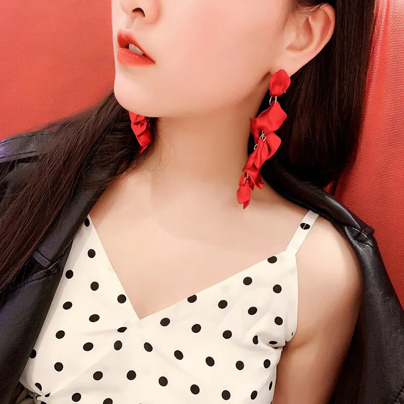 Bohemian Rose Petal Earrings Flower Red Yellow Blue Colors Flower Drop Earrings Long Tassel Earrings Party Wedding Jewelry