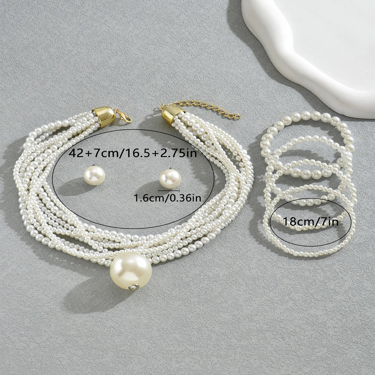 Obega 3 PCS Charming Imitation Pearl Jewelry Set Multilayer Necklace Bead Braclet Tiny Stud Earrings Korean Women’s Jewelry