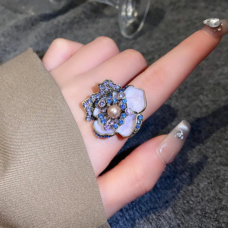 Delicate Flower Open Ring Rhinestone Imitation Pearl Rings Ladies Fashion Butterfly Design Ring Temperament Finger Rings Jewelry