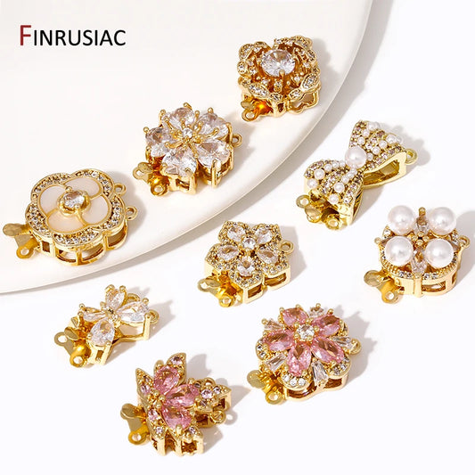 Multi Styles 18K Gold Plated Brass Flower Insert Safety Clasps,Fastener Pearl Clasps Connectors For DIY Jewelery Making Supplies