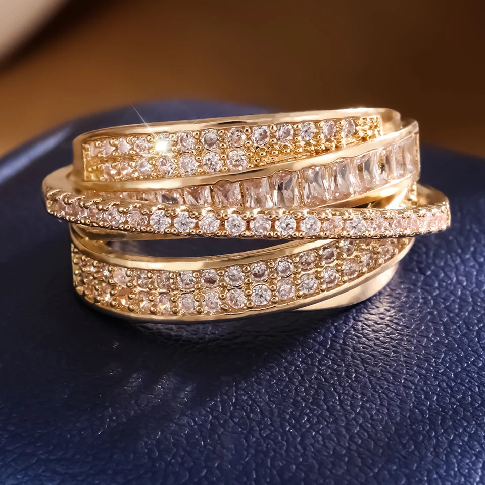 UILZ High Quality Copper Inlaid Zircon Multi-layer Star Opening Ring Women's Plated 18k-Gold Couple Holiday Gift Ring Jewelry