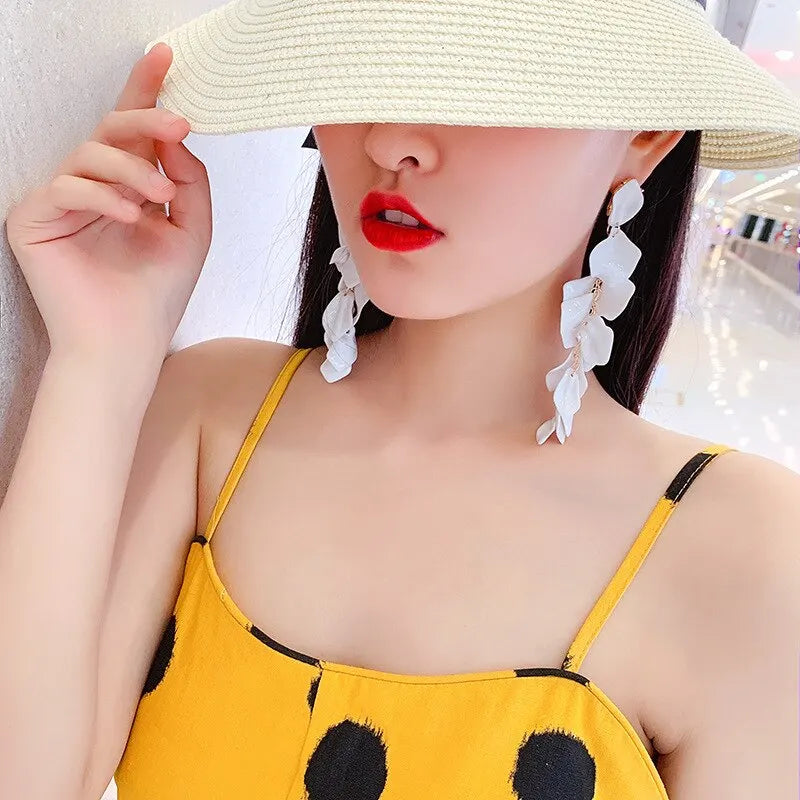 Bohemian Rose Petal Earrings Flower Red Yellow Blue Colors Flower Drop Earrings Long Tassel Earrings Party Wedding Jewelry