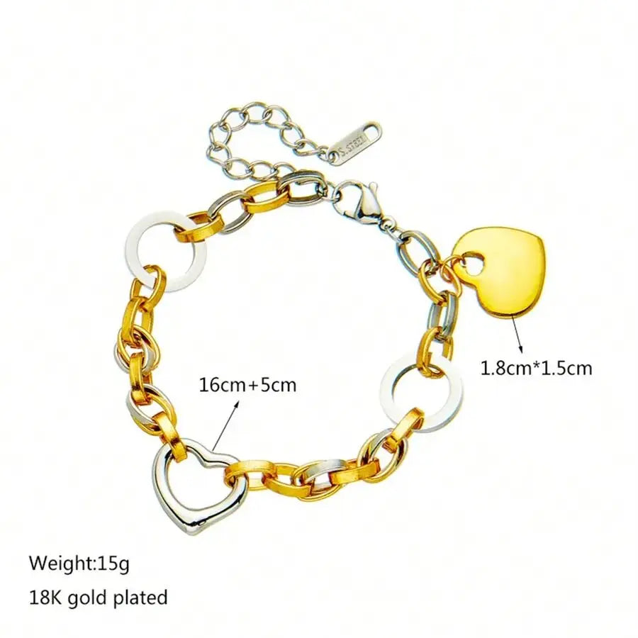 Doubel Layers Heart CHarm Bracelet Hollow Heart Round Double Color Bracelet Stylish Personality Simple Metal Braclet For Women
