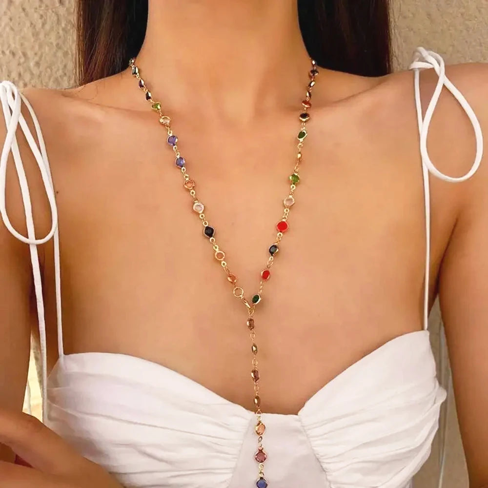 Bohemian Colorful Long Y-Shaped Necklace Metal Collarbone Chain Gold Silver Color Summer Holiday Party Body Jewelry Gifts