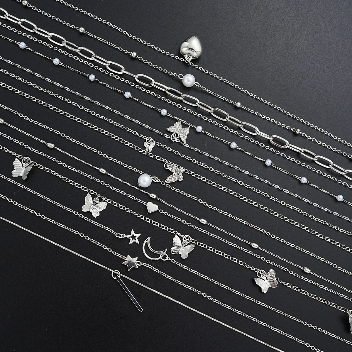 13Pcs/Set Simple Temperament Necklace Set Butterfly Pearl Heart Star Zircon Silver Color Necklace for Women Fashion Jewelry Gift