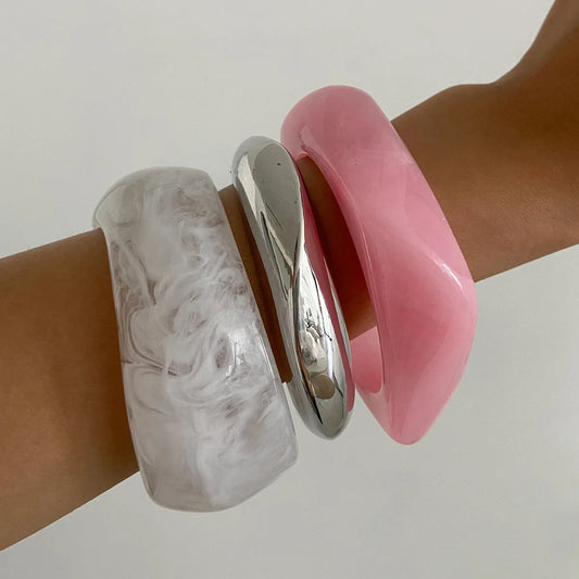 Silver Color Pink Acrylic Resin Irregular Chunky Bangles for Women Geometric Wide Hip Hop Metal Cuff Bracelet Bangle Men Jewelry