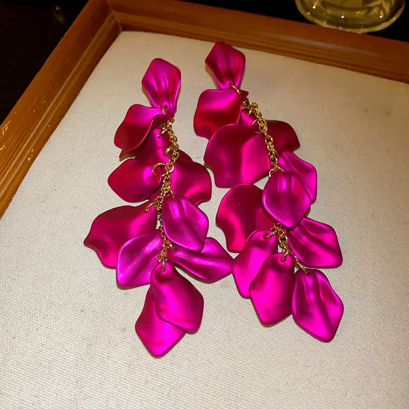 Bohemian Rose Petal Earrings Flower Red Yellow Blue Colors Flower Drop Earrings Long Tassel Earrings Party Wedding Jewelry