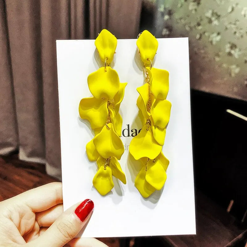 Bohemian Rose Petal Earrings Flower Red Yellow Blue Colors Flower Drop Earrings Long Tassel Earrings Party Wedding Jewelry
