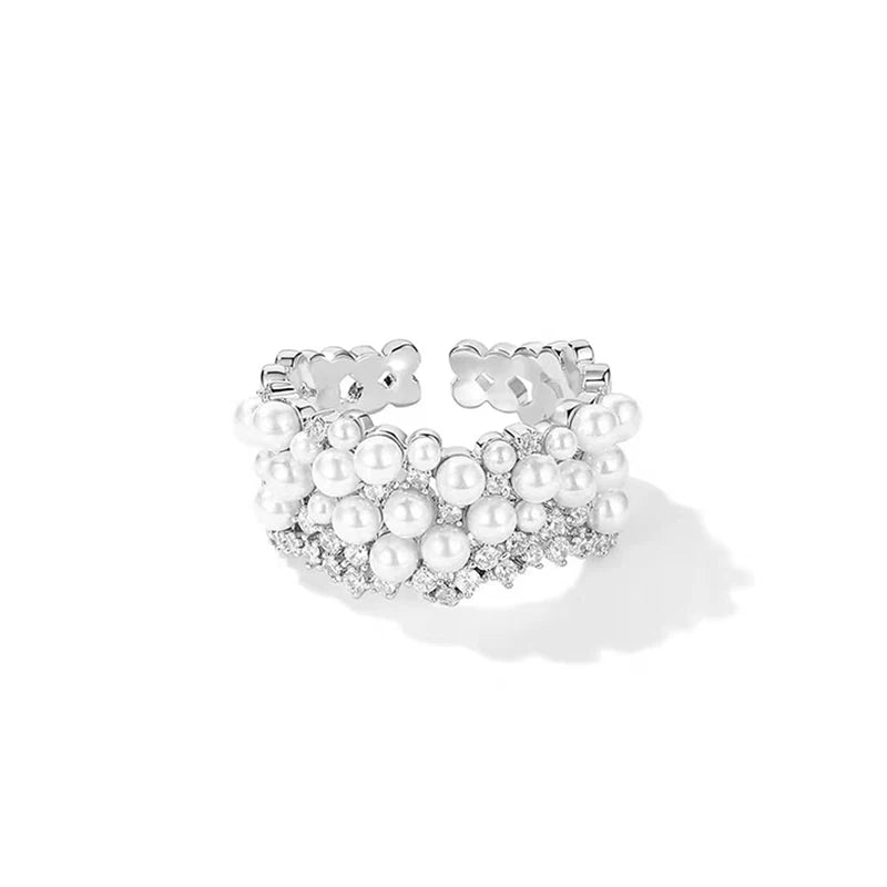 2025 New Zircon Inlaid Pearl Opening Rings Fashion Jewelry For Young Girls Wedding Party Luxury Accessories For Women‘s Rings