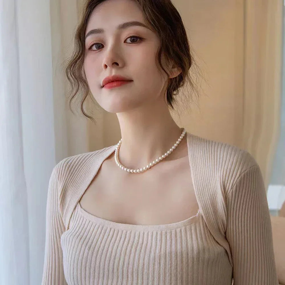 2025 Trend 4/6/8mm White Pearl Chokers Necklace Clavicle Chain For Women Classic Elegant Wedding Neck Jewelry Love Pendant Gift