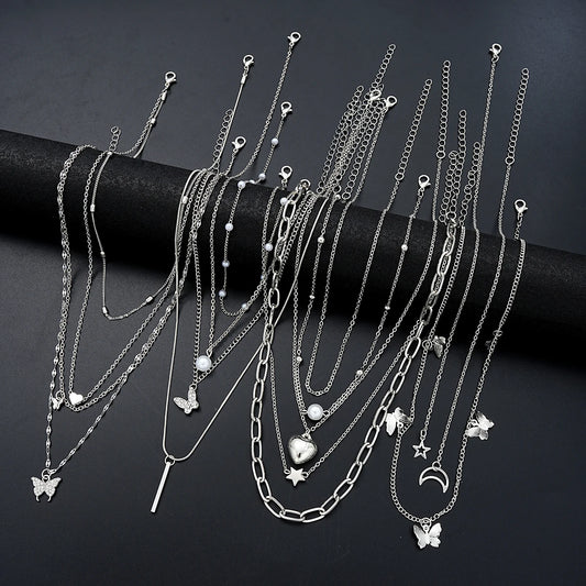 13Pcs/Set Simple Temperament Necklace Set Butterfly Pearl Heart Star Zircon Silver Color Necklace for Women Fashion Jewelry Gift