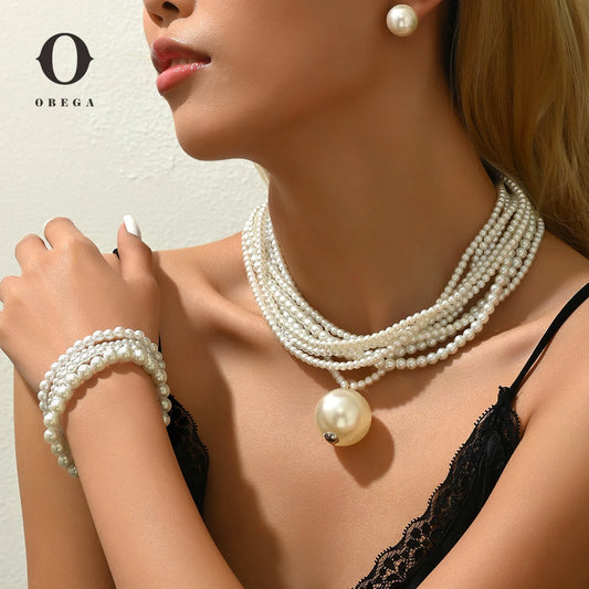 Obega 3 PCS Charming Imitation Pearl Jewelry Set Multilayer Necklace Bead Braclet Tiny Stud Earrings Korean Women’s Jewelry