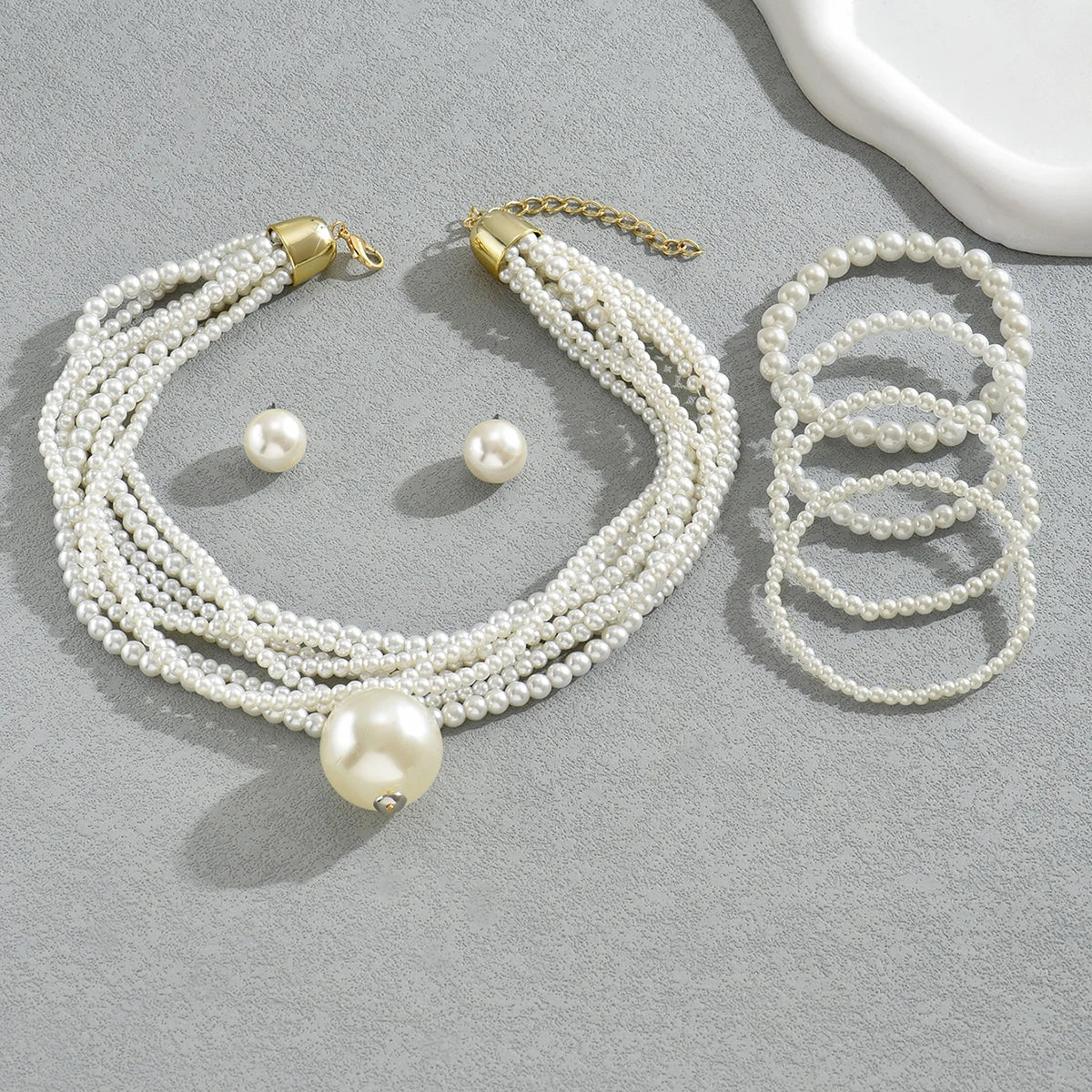 Obega 3 PCS Charming Imitation Pearl Jewelry Set Multilayer Necklace Bead Braclet Tiny Stud Earrings Korean Women’s Jewelry