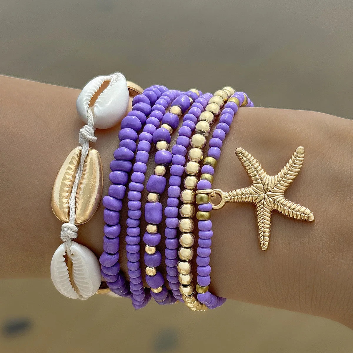 7Pcs Summer Starfish Bracelet Set For Women Bohemian Shell Rice Beads Elastic Chain Bangle Boho Beach Jewelry Accessories
