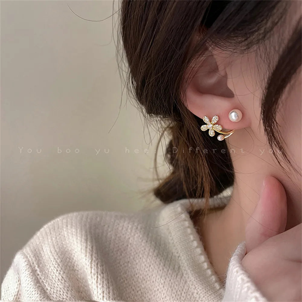 Korean Shiny Crystal Rhinestone Pearl Earrings for Women Girl Geometry Handcrafted Micro Paved Flower Heart Stud Earring Jewelry