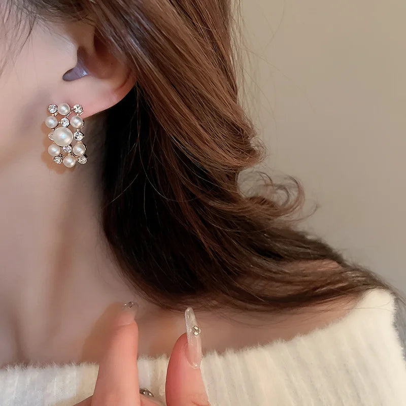 3 Pcs Rhinestone Pearl Rectangular Earrings Necklace Set Two-piece Vintage Choker Accessory Light Luxury Jewelry Sets Wedding
