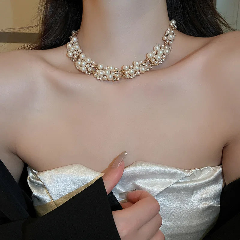 3 Pcs Rhinestone Pearl Rectangular Earrings Necklace Set Two-piece Vintage Choker Accessory Light Luxury Jewelry Sets Wedding