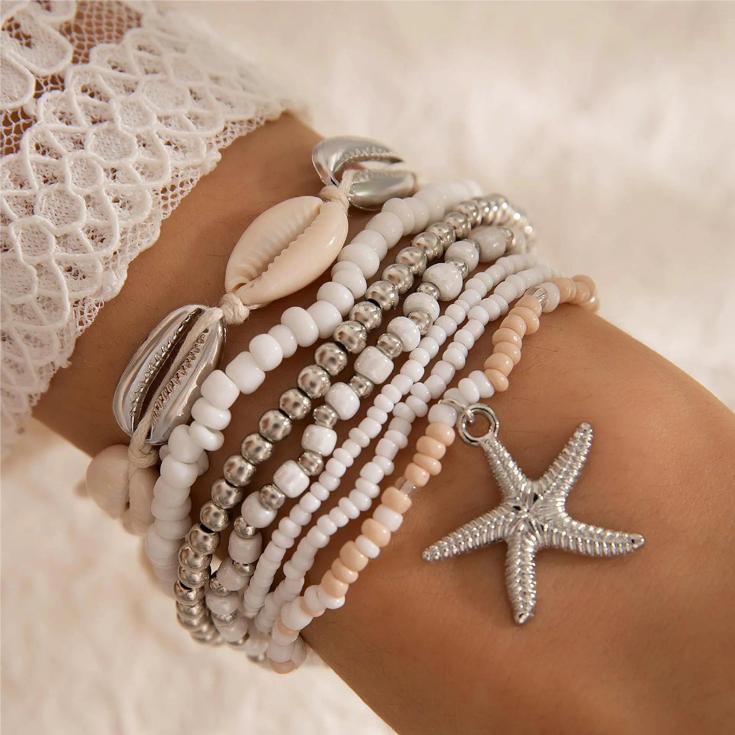 7Pcs Summer Starfish Bracelet Set For Women Bohemian Shell Rice Beads Elastic Chain Bangle Boho Beach Jewelry Accessories