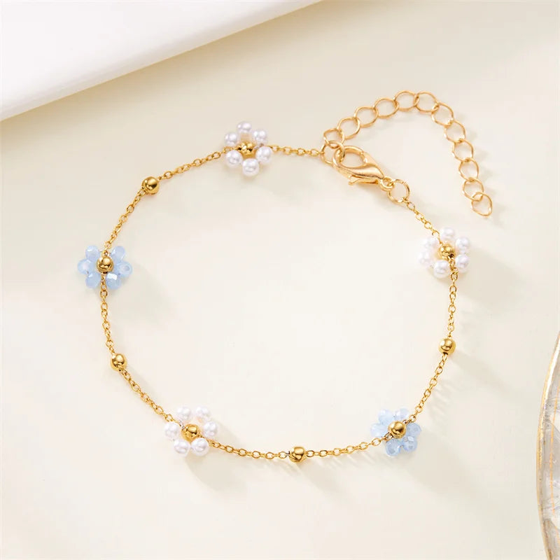Sweet Imitation Pearl Flower Bracelet Jewelry Set for Women's Hand Neck Fashion Metal Chain Necklace Boho Accessories Gifts