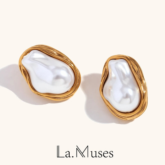 La.Muses Baroque Shaped Imitation Pearl Stainless steel Earrings For Woman Waterproof Cережки Daily Wear Jewellery 2024