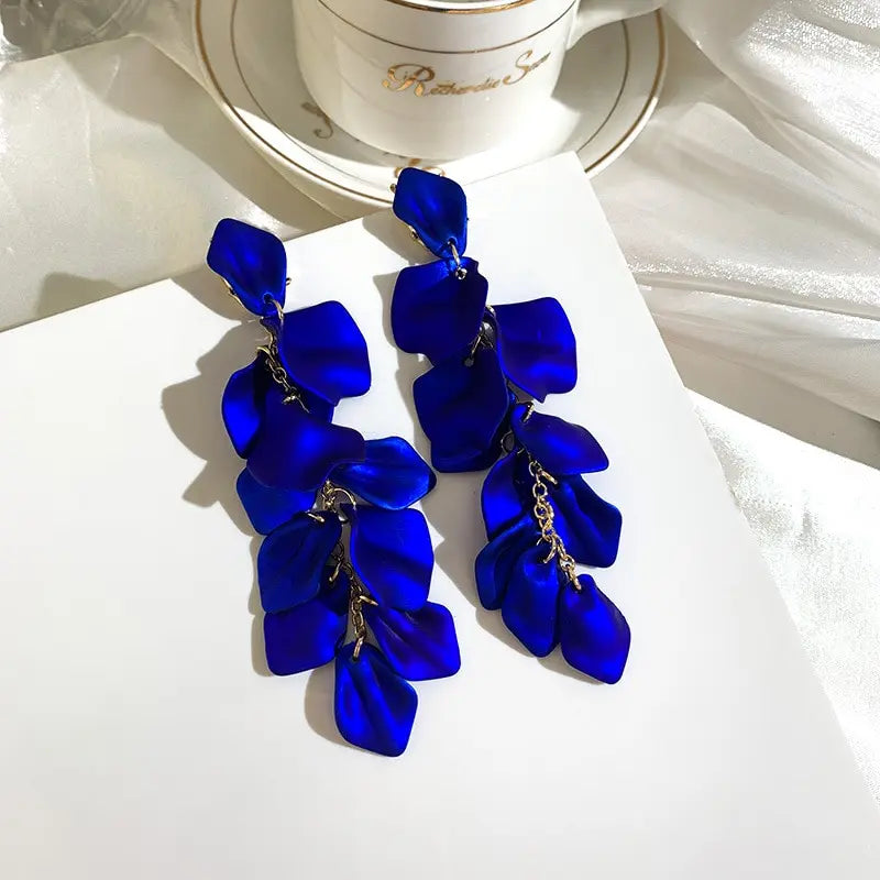 Bohemian Rose Petal Earrings Flower Red Yellow Blue Colors Flower Drop Earrings Long Tassel Earrings Party Wedding Jewelry