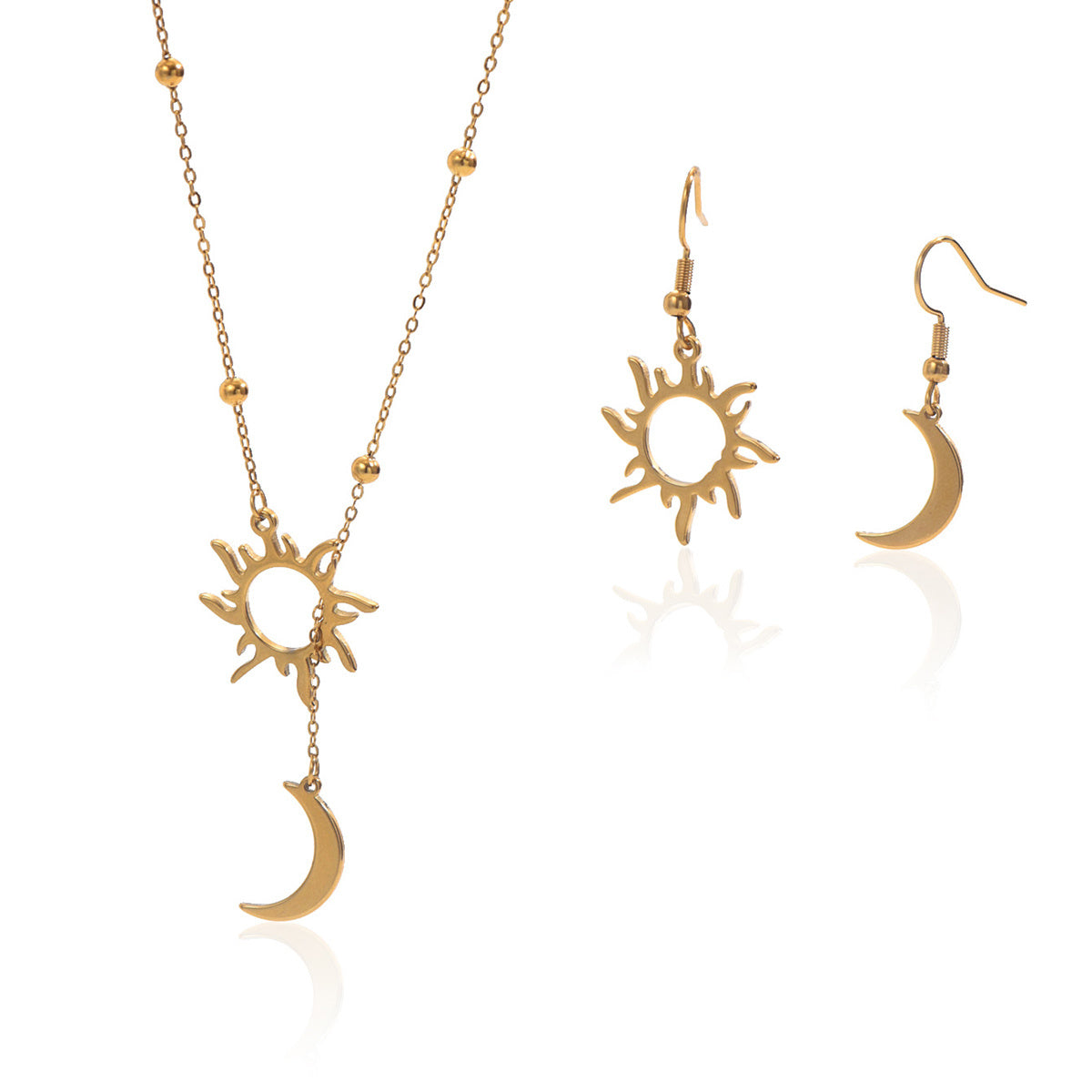 18K Gold Steel Sun And Moon Pendant Necklace And Hoop Earrings Set