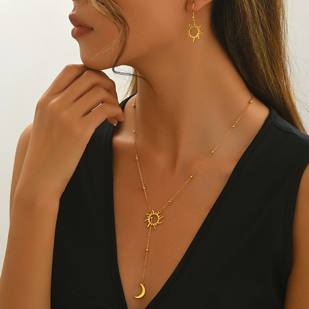 18K Gold Steel Sun And Moon Pendant Necklace And Hoop Earrings Set