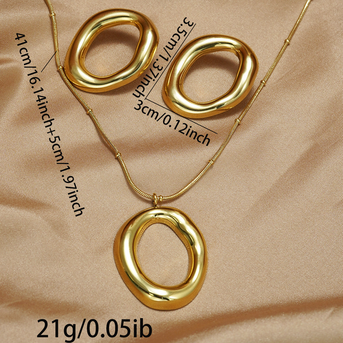 Lxalry 18K Gold Plated Stainless Steel Oval Pendant Jewelry Set